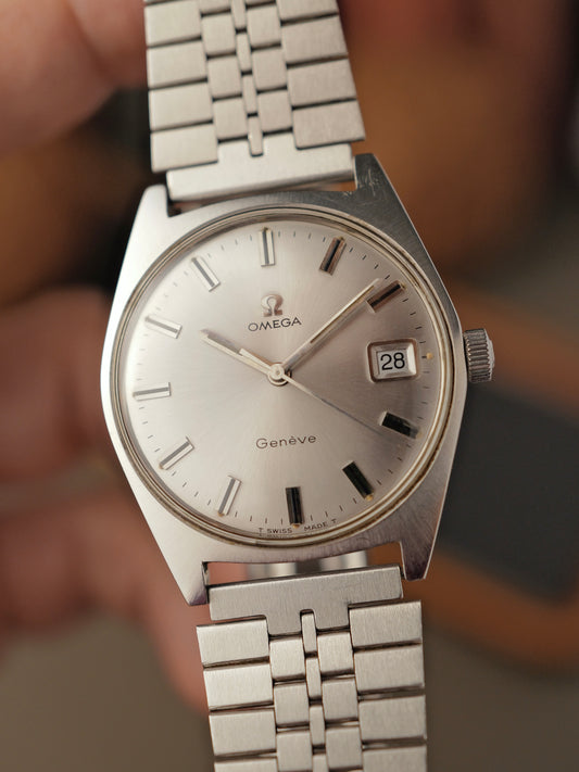 Omega Geneve Date Cushion-Tonneau Silver Domed Dial Ref. 136.041 (circa 1969)