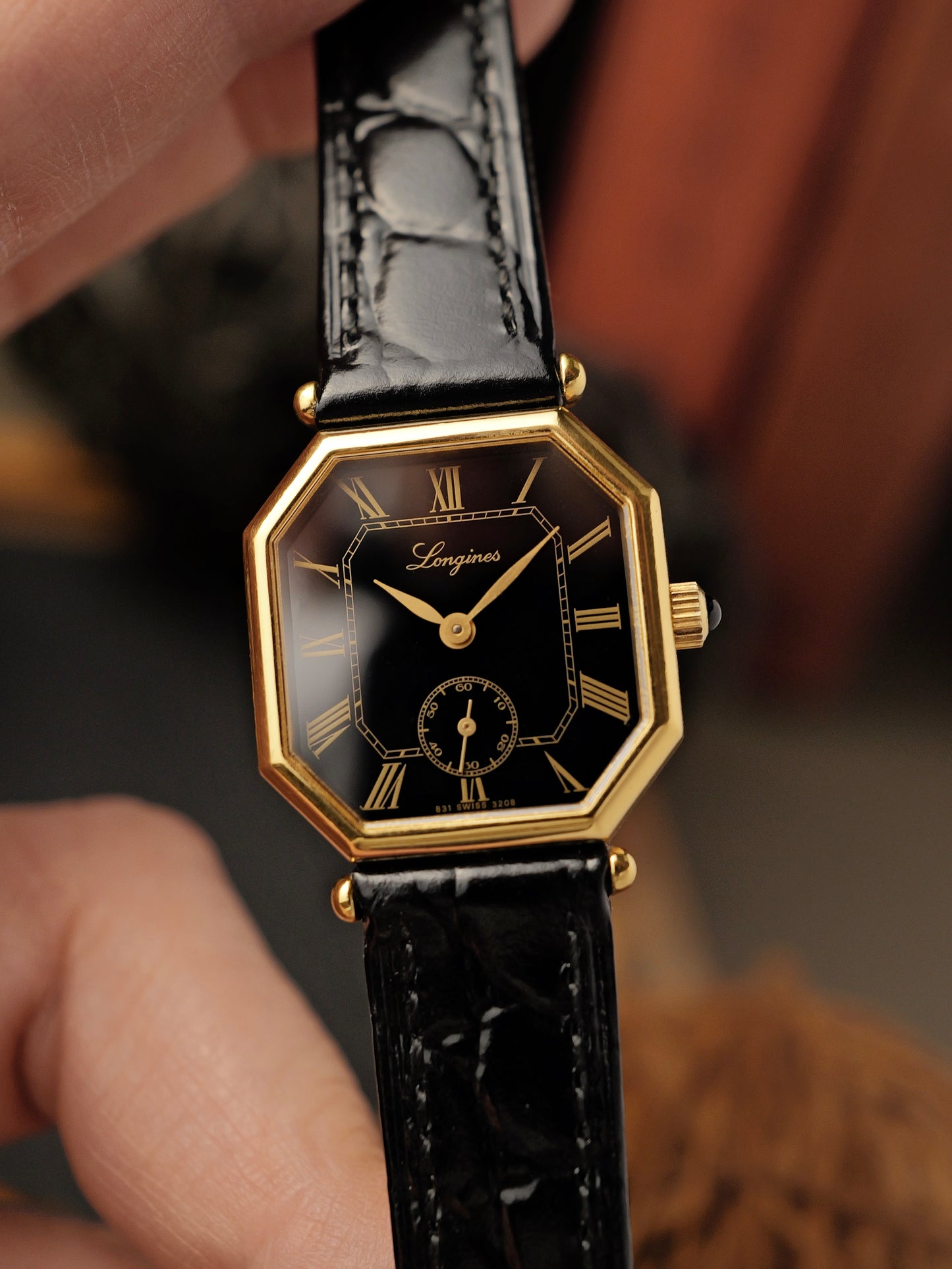 Longines “Mini Octagon Black Gilt Roman” Ref. 3208 (circa 1980s)