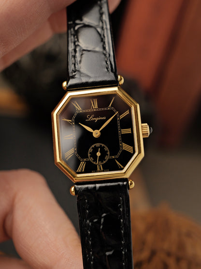 Longines “Mini Octagon Black Gilt Roman” Ref. 3208 (circa 1980s)
