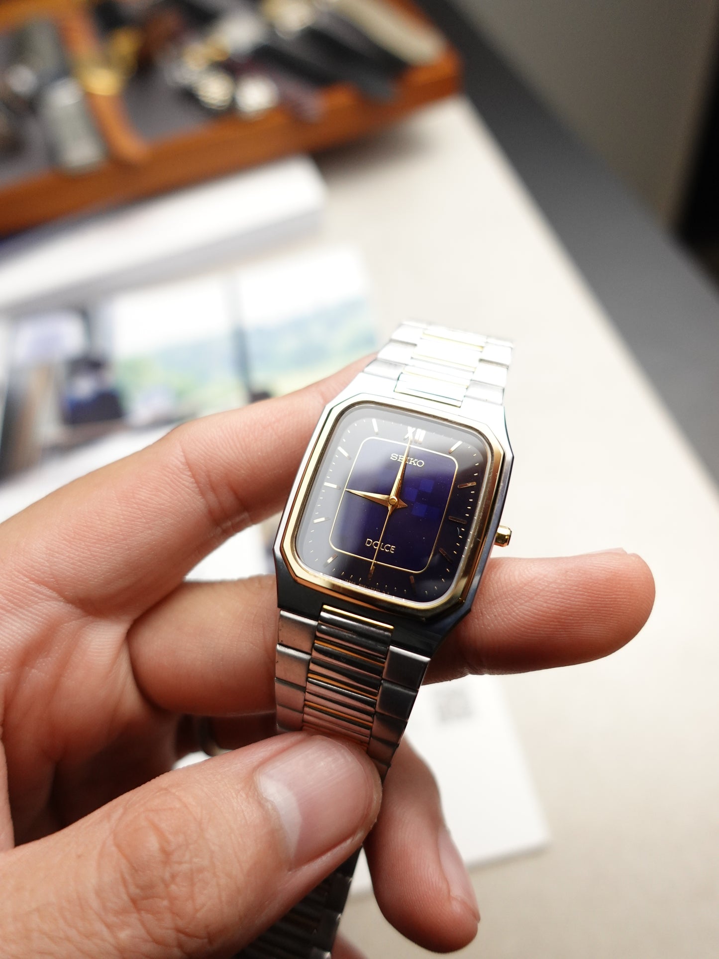 90s Seiko Dolce with highly unique reflective blue checkered dial