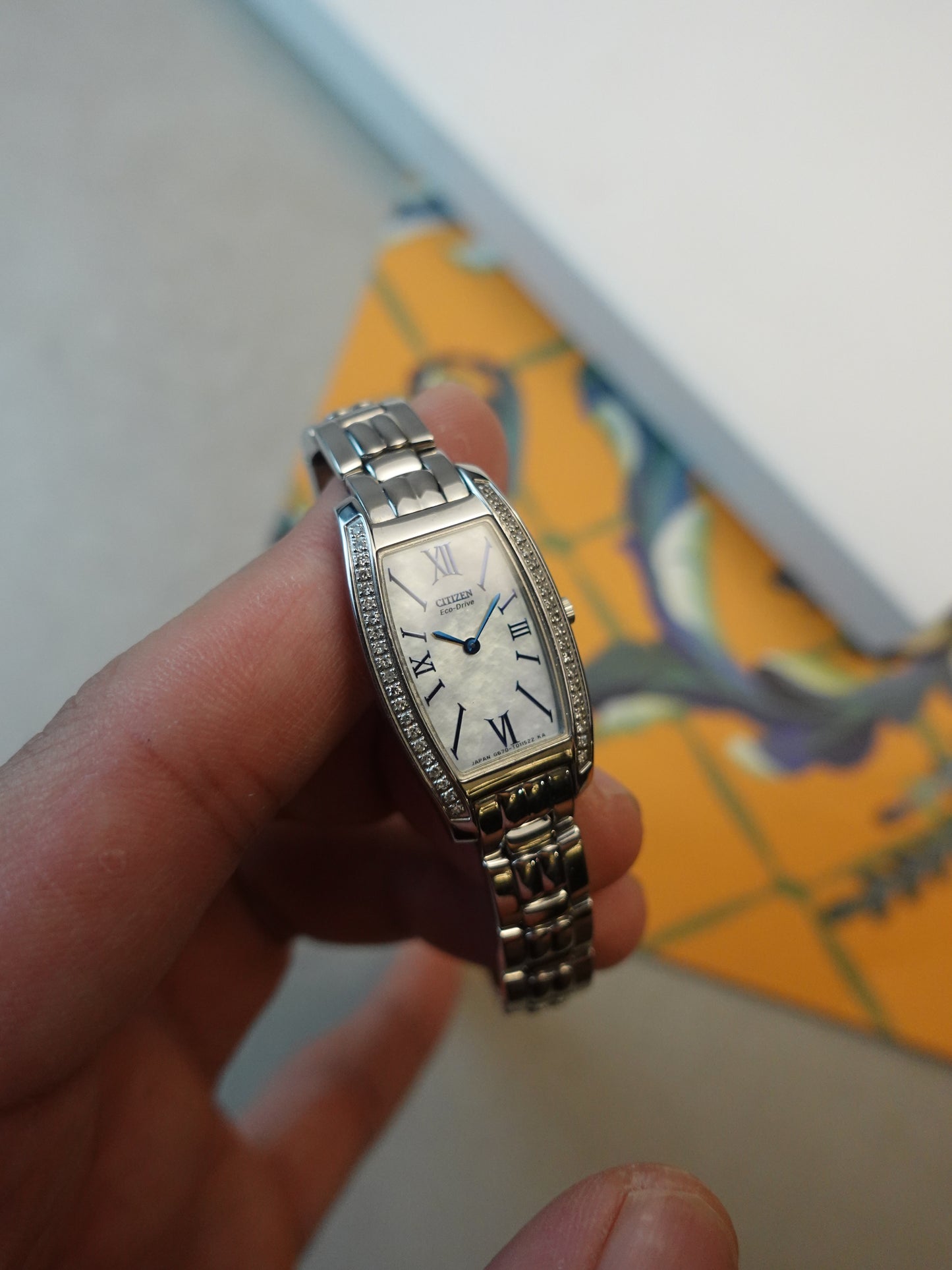 Citizen Eco-drive Tonneau with side diamonds and mother of pearl dial