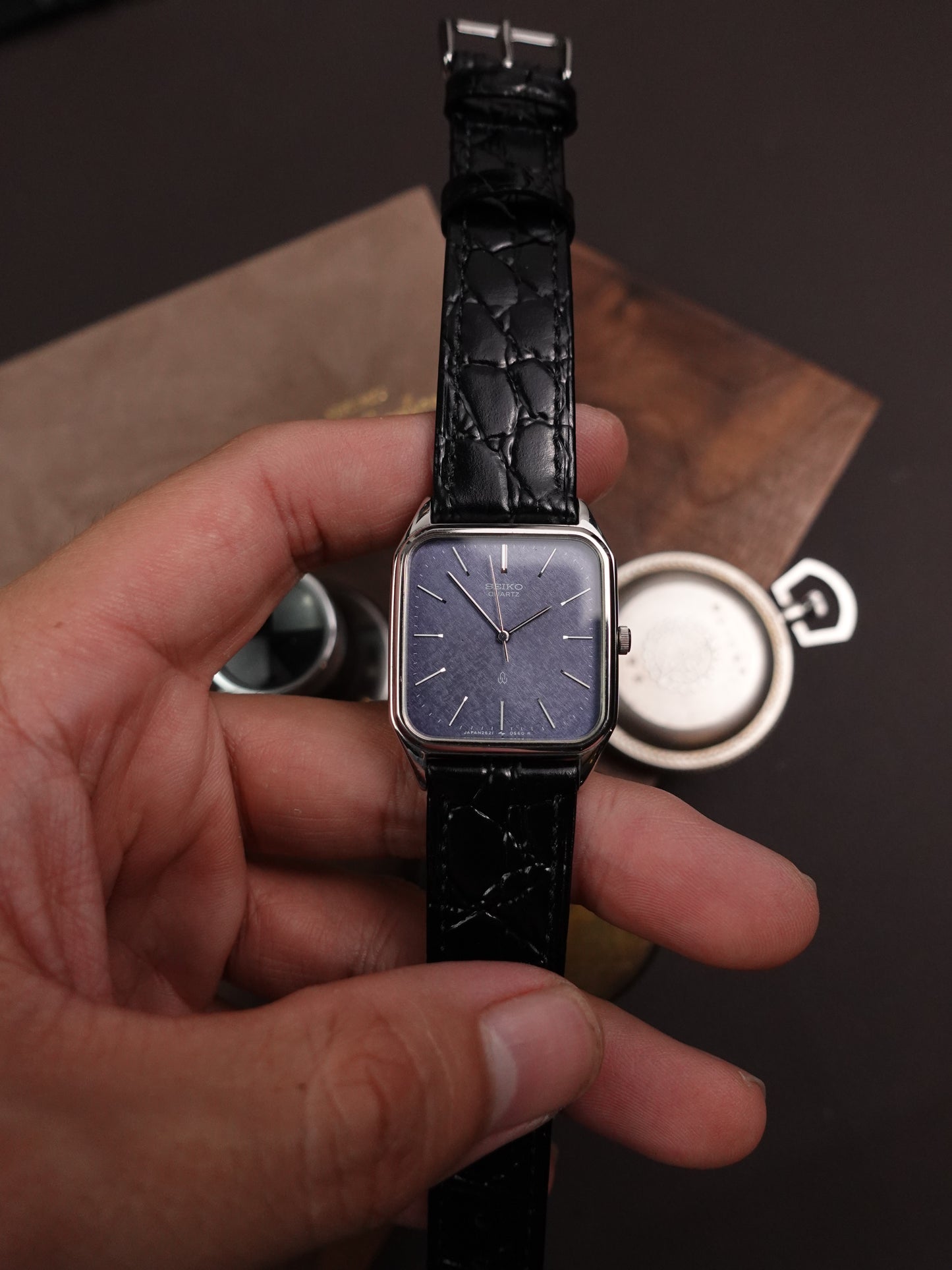 Seiko Quartz Tank with Texture Blue Dial Circa. 1989 (with original box and paper)