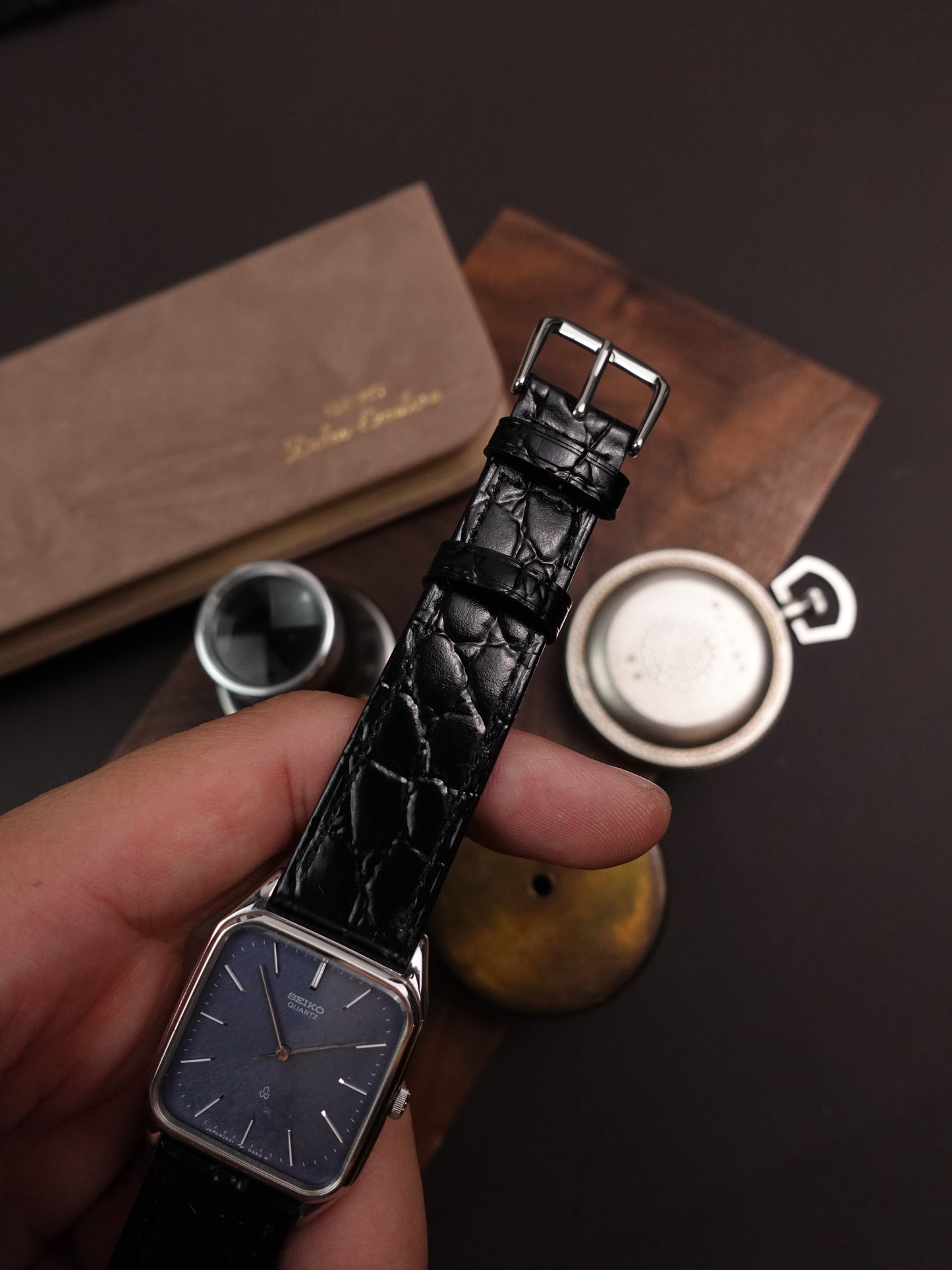 Seiko Quartz Tank with Texture Blue Dial Circa. 1989 (with original box and paper)