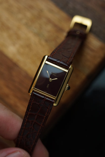 80s Must De Cartier Tank Maroon Lacquer Dial Manual winding SM