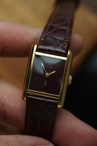 80s Must De Cartier Tank Maroon Lacquer Dial Manual winding SM