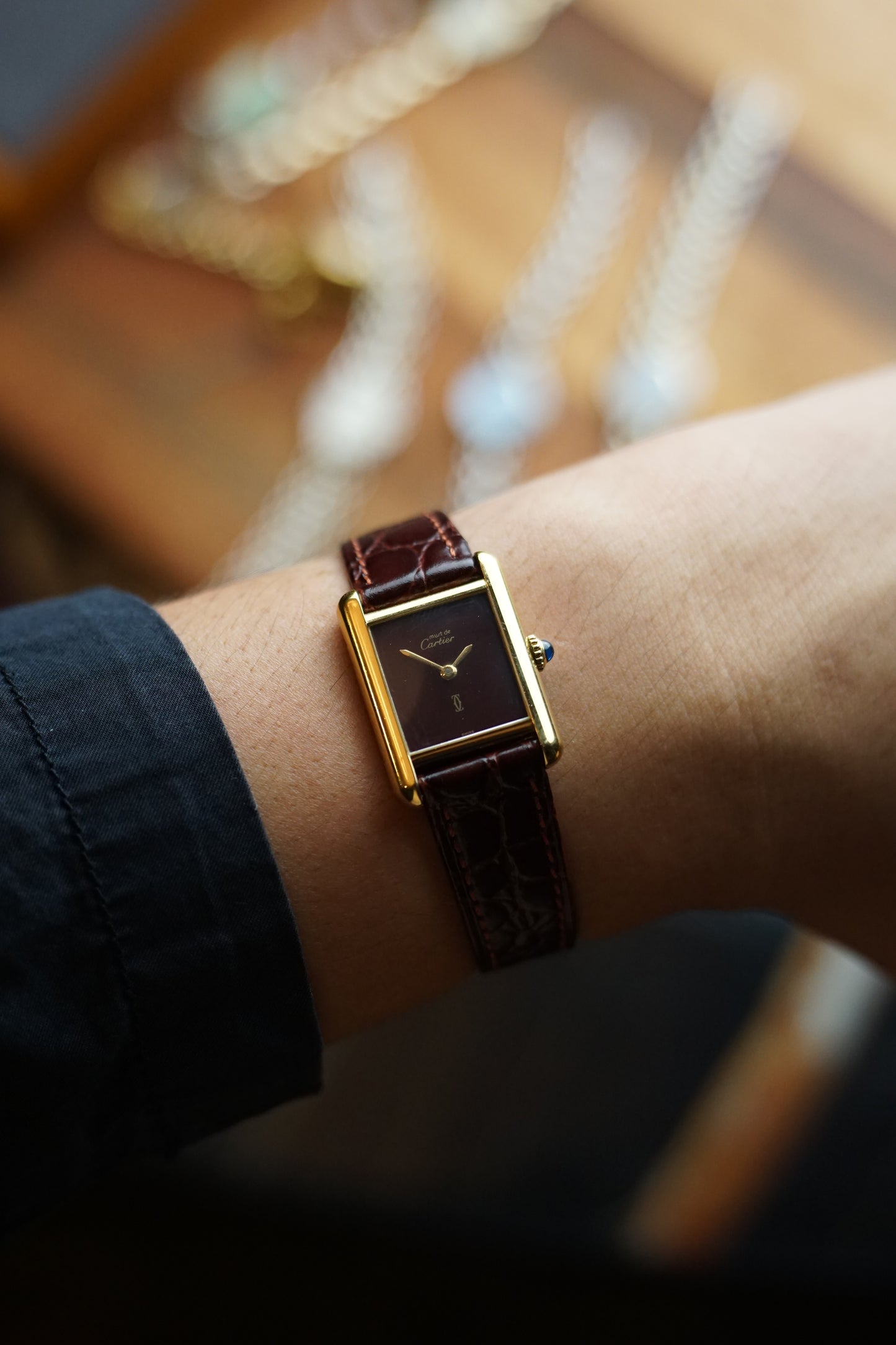 80s Must De Cartier Tank Maroon Lacquer Dial Manual winding SM