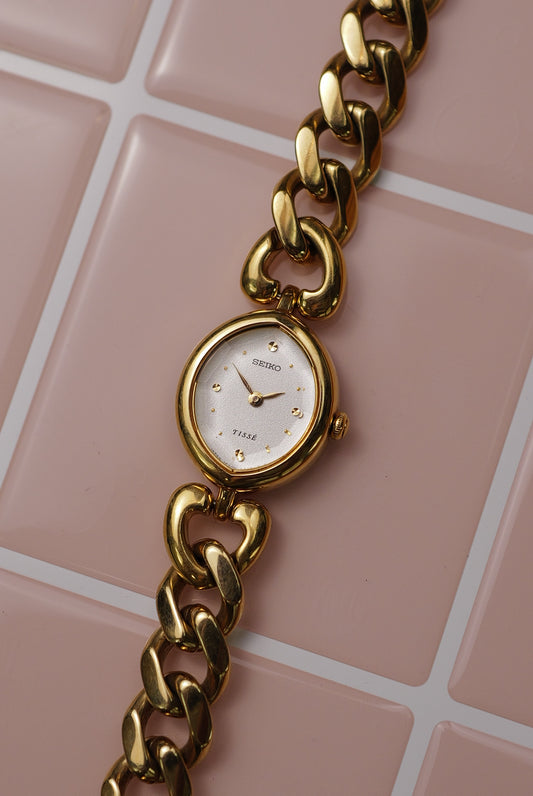 Seiko Tisse "Cuban Chain" Integrated Chain with Faceted Glass Circa.1994