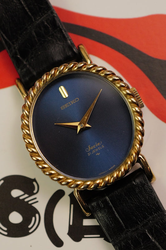 Seiko Socie Art-Deco "ribbon" Bezel sunburst blue dial Manual winding