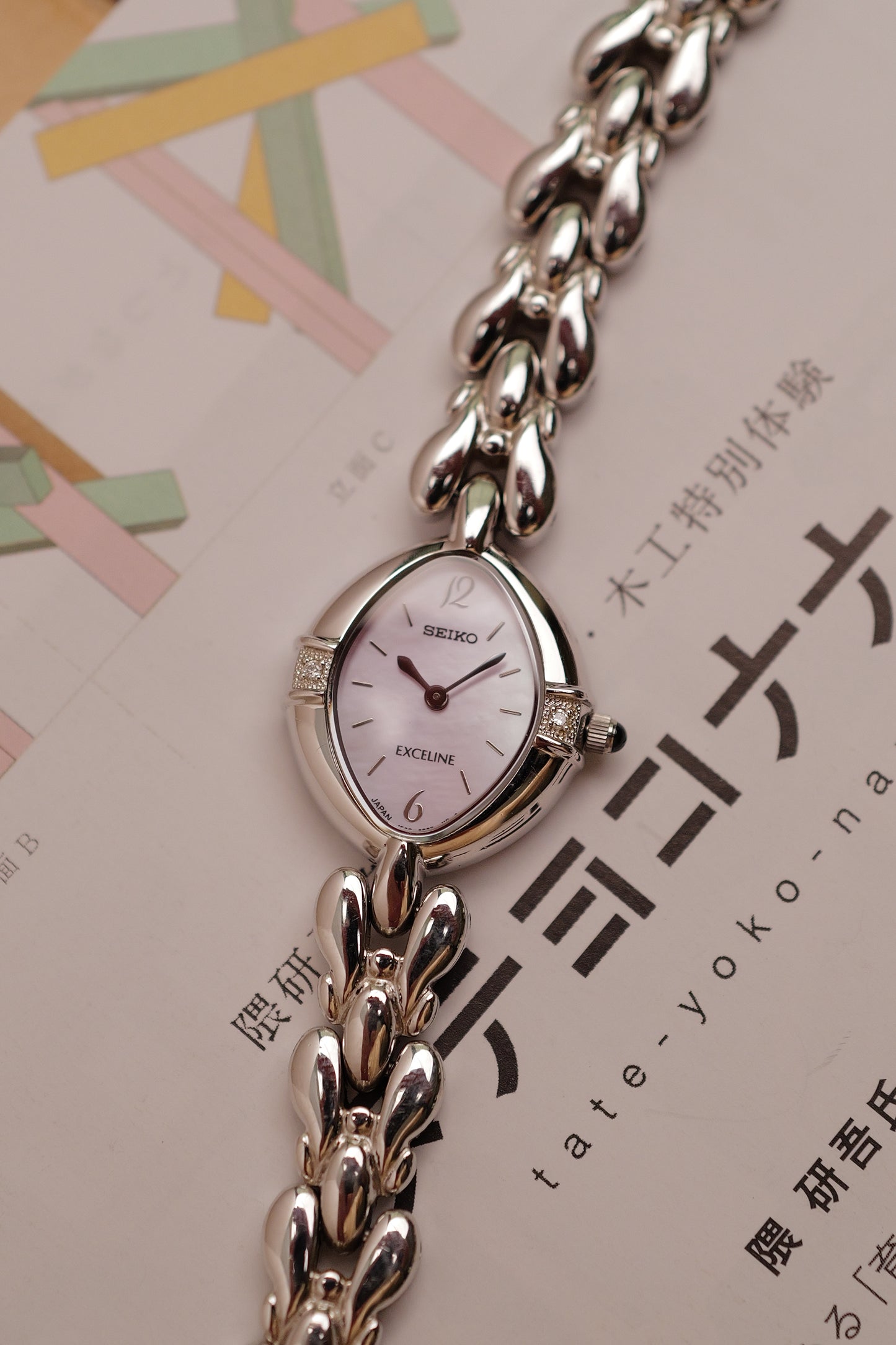 Seiko Exceline Mother of Pearl dial Tear-drop Bracelet in pink Circa. 1989
