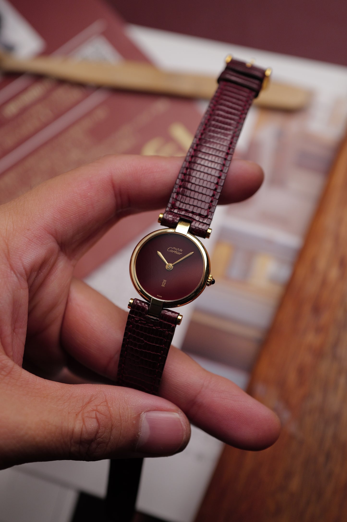 Cartier Vendome "Burgundy" Lacquer SM w/ box circa. 1980s